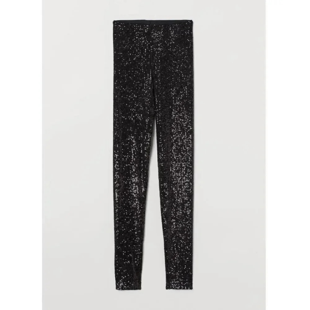 H&M | Black Legging Ponte Pants Sequin Sequined Pants Size +‎ Ankle Zip | Size 6